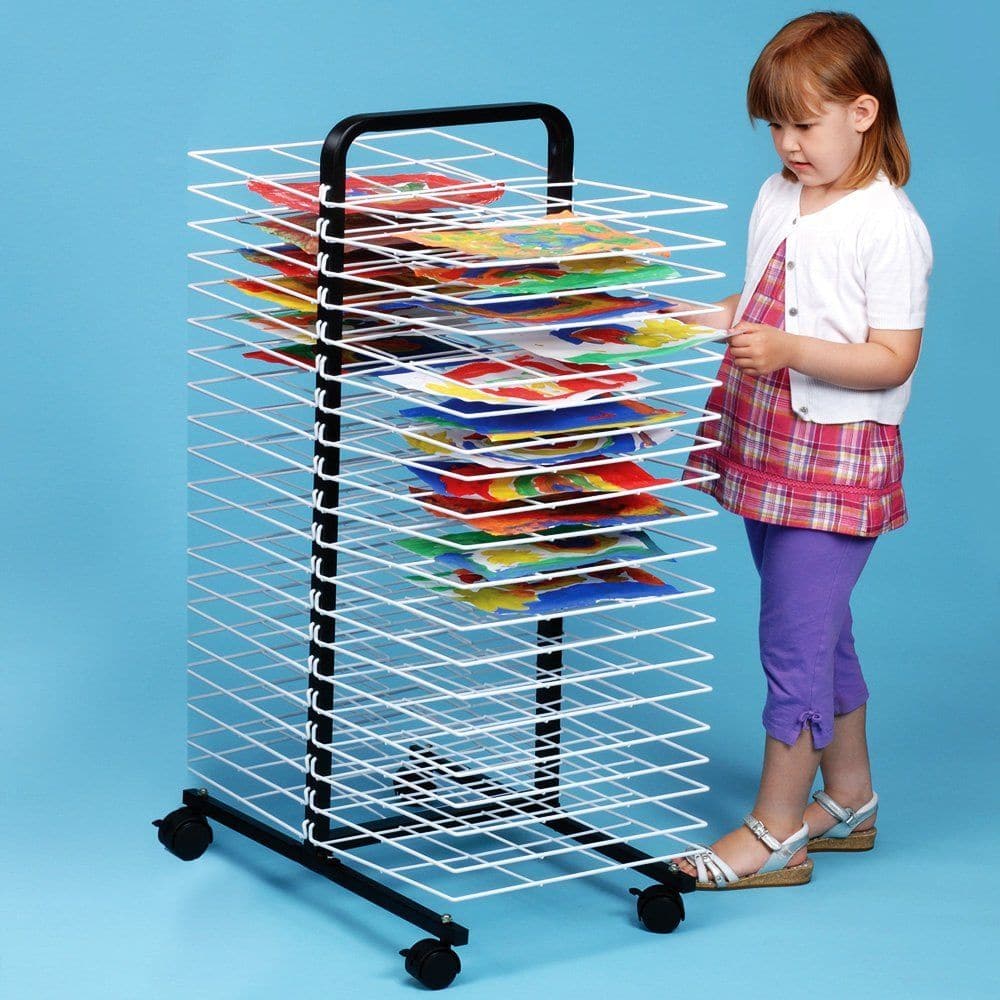 40 Large Shelf Mobile Drying Rack, Mobile 40 Shelf Drying Rack With Large Shelves,School supplies,school equipment,Mobile 40 Shelf Drying Rack With Large Shelves,40 Shelf Mobile Drying Rack,School supplies,school equipment, 40 Large Shelf Mobile Drying Rack,Large 40 shelf mobile drying unit takes up to A2 size paper. It is ideal for moving between classrooms. Comes complete with lockable castors and has a plastic coated finish for easy cleaning. Black painted welded steel frame with coated wire shelves. The