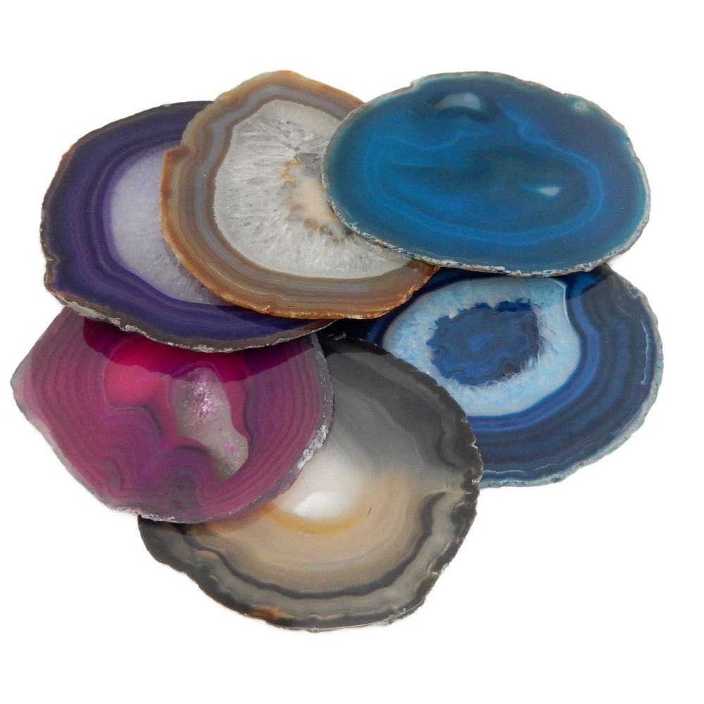 Agate Slices Pack of 6, Agate Slices Pack of 6,Nature based play resources,Loose part play.heuristic play.natural play resources, Agate Slices Pack of 6,These Agate Slices are not only visually stimulating but also offer a tactile experience. Kids can explore the smooth texture and varying sizes of each slice, engaging their sense of touch and promoting sensory play.Being thin slices, these agate crystals allow light to pass through them, creating a mesmerizing effect ,Agate Slices Pack of 6These Agate Slic