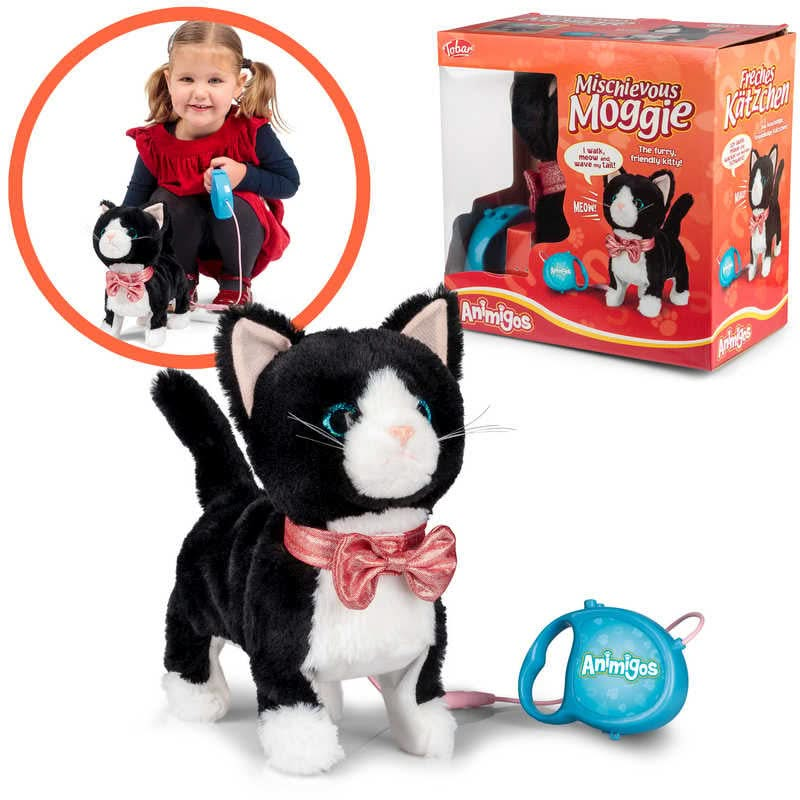 Animigos Mischievous Moggie Cat, Animigos Mischievous Moggie Cat-Sensory Toys, Animigos Mischievous Moggie Cat,The Animigos Mischievous Moggie Cat is a cute and fluffy animated plush cat with an adorable bow collar. Place this Animigos Mischievous Moggie Cat on a flat surface and use the lead controller to make it walk, meow and wave its tail. It's covered in soft black and white fur, giving it a coat that's hard to resistThe Animigos Mischievous Moggie Cat is a cute and fluffy animated plush cat with an ad