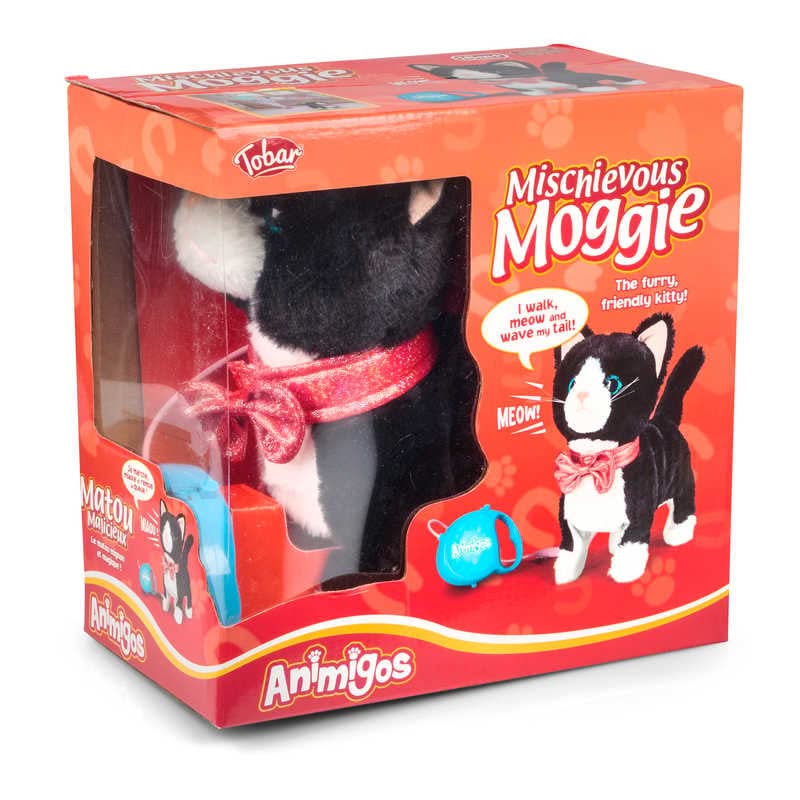 Animigos Mischievous Moggie Cat, Animigos Mischievous Moggie Cat-Sensory Toys, Animigos Mischievous Moggie Cat,The Animigos Mischievous Moggie Cat is a cute and fluffy animated plush cat with an adorable bow collar. Place this Animigos Mischievous Moggie Cat on a flat surface and use the lead controller to make it walk, meow and wave its tail. It's covered in soft black and white fur, giving it a coat that's hard to resistThe Animigos Mischievous Moggie Cat is a cute and fluffy animated plush cat with an ad