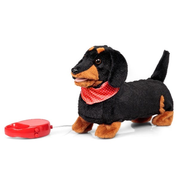 Animigos Scampering Sausage Dog, Animigos Scampering Sausage Dog,Flipping Dog,Animigos Scampering Sausage Dog,Hopping Dog toy, Animigos Scampering Sausage Dog,The Animigos Scampering Sausage Dog is a plush sausage dog that has a range of animated features. Push the button on his long lead and the Animigos Scampering Sausage Dog walk forward or pause to bark. It has a lovely, black and brown coat and a fetching red bandanna. Part of the Animigos range. Animigos ScamperingThe Animigos Scampering Sausage Dog i