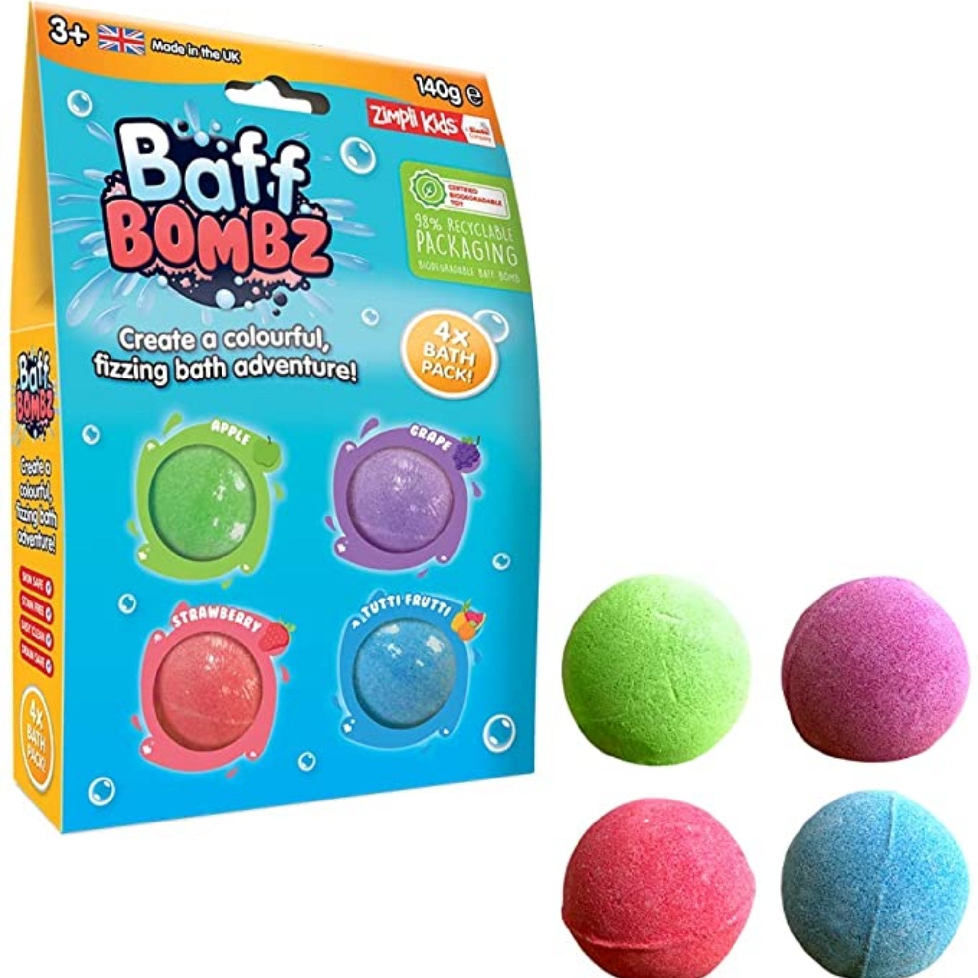 Baff Bombz 4 Pack, Baff Bombz 4 Pack, Zimpli Kids, zimplikids discount code, zimplikids bath bombs, zimplikids baff bombz, children's bath bombs,scented bath bombs, Baff Bombz 4 Pack,You might think bath bombs are strictly for adults, all of that will change as soon as you get your hands on the Baff Bombz 4 Pack . Create an exciting bath time adventure for your little ones with one of the deliciously scented bombs, you can choose from apple, grape, strawberry and tutti frutti. Give them the chance ,Baff Bom