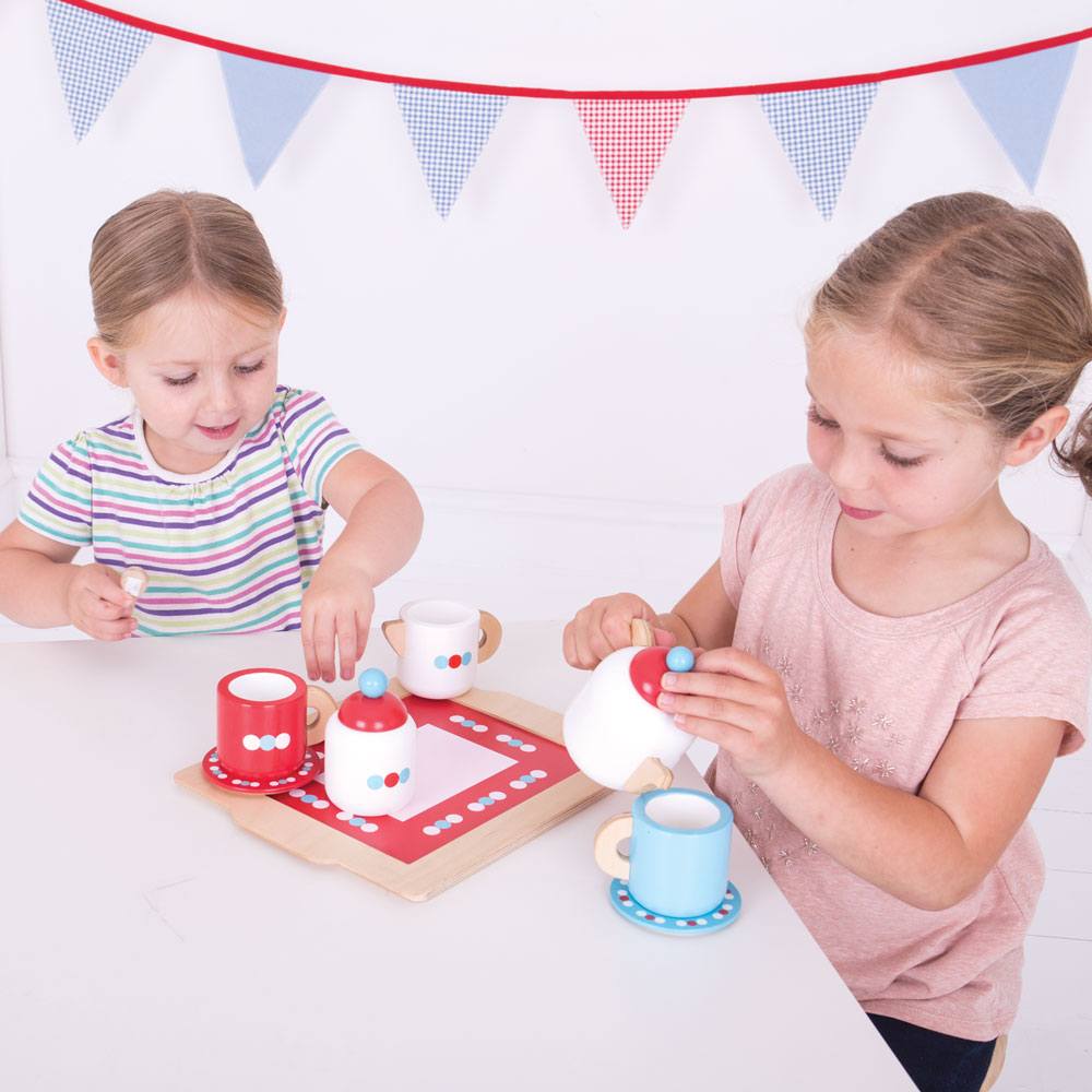 BigJigs Tea Set on a Tray, BigJigs Tea Set on a Tray,BigJigs Tea Set on a Tray,childrens wooden toys,children's imaginative play ideas, BigJigs Tea Set on a Tray,This delightful BigJigs Tea Set on a Tray comes with everything they need to host the perfect tea party, including a teapot with lid, two wooden cups and saucers, a sugar pot with lid, two wooden spoons, a milk jug, and a tray. Kids will love pouring imaginary tea and serving up imaginary treats with this charmingThis delightful BigJigs Tea Set on 