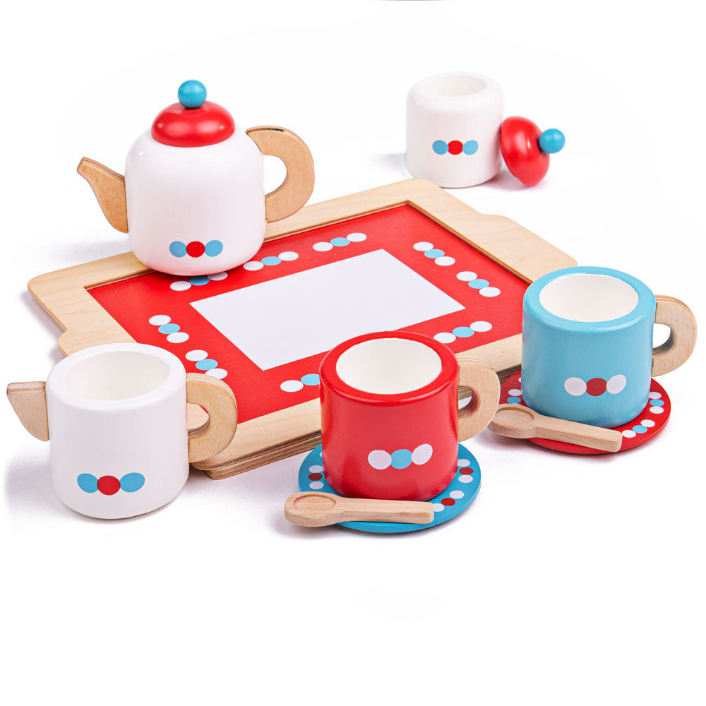 BigJigs Tea Set on a Tray, BigJigs Tea Set on a Tray,BigJigs Tea Set on a Tray,childrens wooden toys,children's imaginative play ideas, BigJigs Tea Set on a Tray,This delightful BigJigs Tea Set on a Tray comes with everything they need to host the perfect tea party, including a teapot with lid, two wooden cups and saucers, a sugar pot with lid, two wooden spoons, a milk jug, and a tray. Kids will love pouring imaginary tea and serving up imaginary treats with this charmingThis delightful BigJigs Tea Set on 