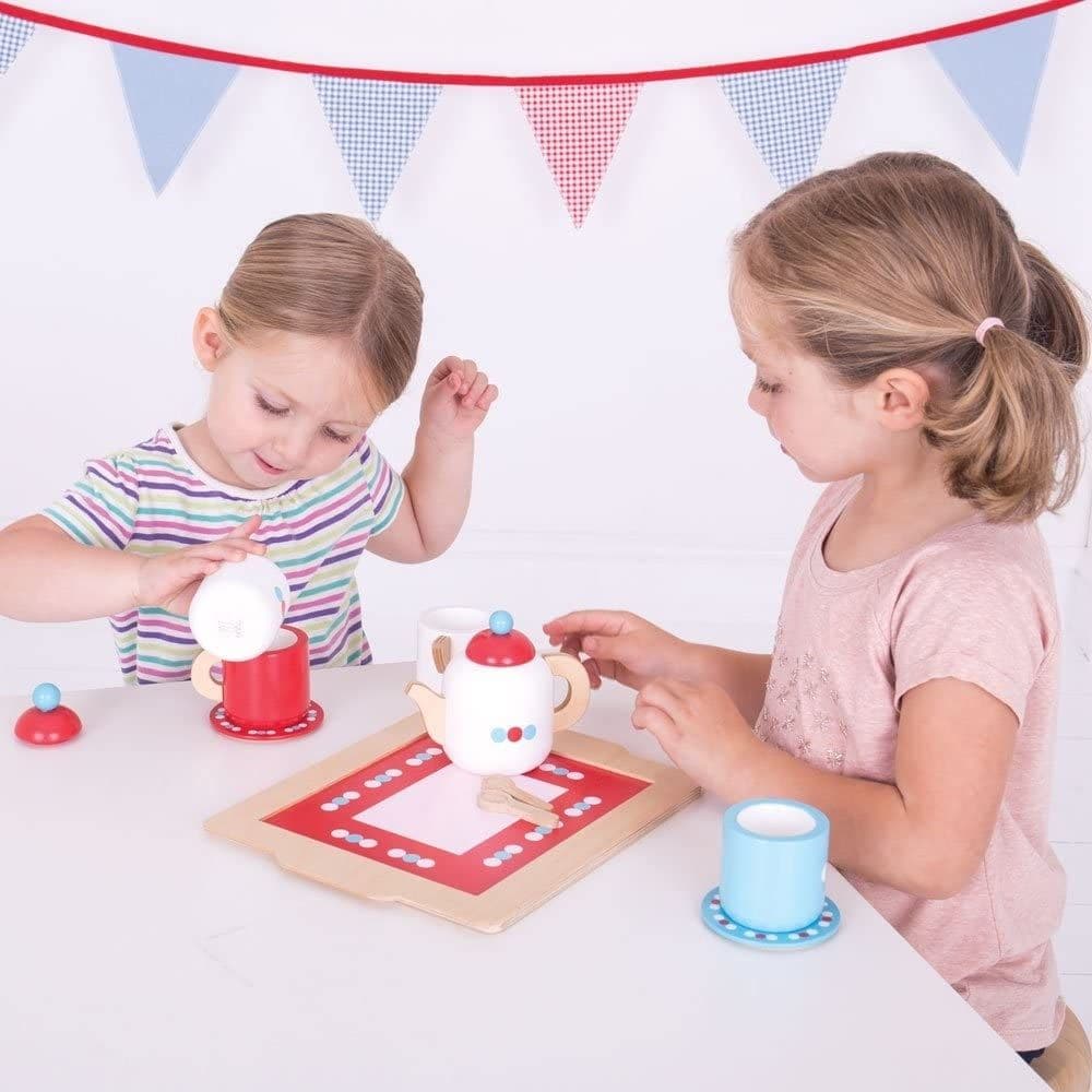 BigJigs Tea Set on a Tray, BigJigs Tea Set on a Tray,BigJigs Tea Set on a Tray,childrens wooden toys,children's imaginative play ideas, BigJigs Tea Set on a Tray,This delightful BigJigs Tea Set on a Tray comes with everything they need to host the perfect tea party, including a teapot with lid, two wooden cups and saucers, a sugar pot with lid, two wooden spoons, a milk jug, and a tray. Kids will love pouring imaginary tea and serving up imaginary treats with this charmingThis delightful BigJigs Tea Set on 