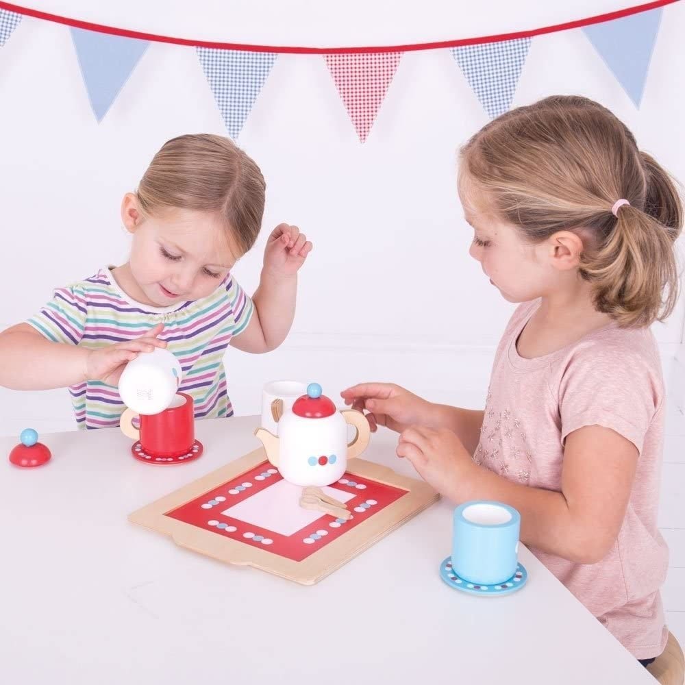 BigJigs Tea Set on a Tray, BigJigs Tea Set on a Tray,BigJigs Tea Set on a Tray,childrens wooden toys,children's imaginative play ideas, BigJigs Tea Set on a Tray,This delightful BigJigs Tea Set on a Tray comes with everything they need to host the perfect tea party, including a teapot with lid, two wooden cups and saucers, a sugar pot with lid, two wooden spoons, a milk jug, and a tray. Kids will love pouring imaginary tea and serving up imaginary treats with this charmingThis delightful BigJigs Tea Set on 