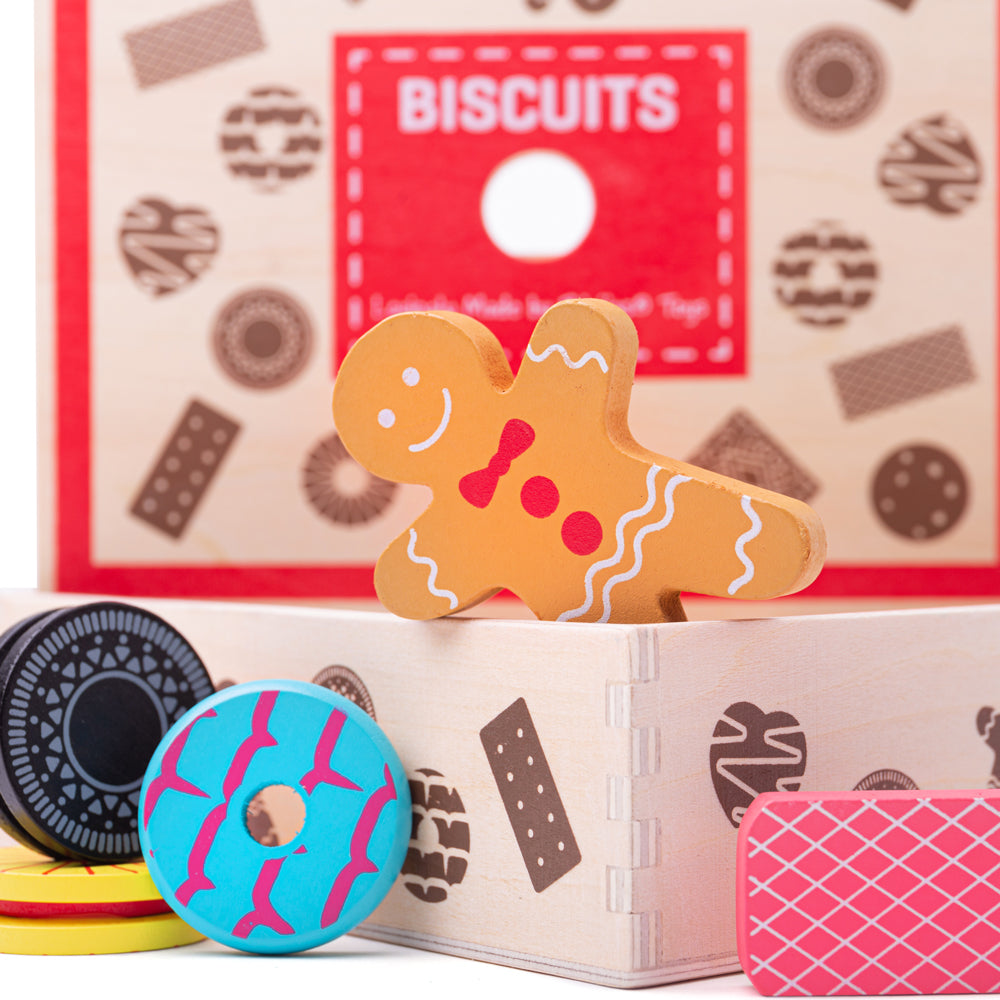 Bigjigs Biscuit Box, Bigjigs Biscuit Box,Bigjigs wooden toys,wooden toys,bigjigs wooden toys, pretend play toys,pretend play resources, Bigjigs Biscuit Box,Our best-selling wooden Bigjigs Biscuit Box is full of delicious wooden play food biscuits. This colourful toy food is perfect for sharing and for those with a sweet tooth! Includes an assortment of well-loved biscuits, including gingerbread men, party rings, custard creams, pink wafers, and much more! Whether your lit,Bigjigs Biscuit BoxOur best-selling