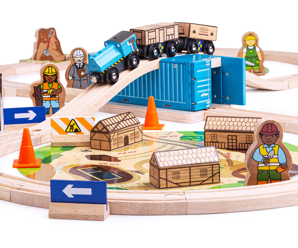 Bigjigs Construction Train Set, Construction Train Set,Bigjigs Construction Train Set,Wooden train set, Bigjigs Construction Train Set,Little builders are going to love playing with our Construction Wooden Train Set! This 50 piece wooden railway comes packed with two playmats, a burst water pipe track, a container tunnel, construction workers, signs and a train with buildable houses! YoungLittle builders are going to love playing with our Construction Wooden Train Set! This 50 piece wooden railway comes pac