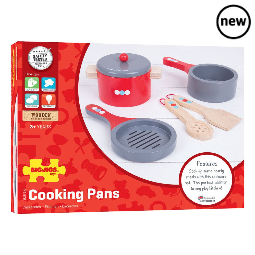 Bigjigs Cooking Pans, Bigjigs Cooking Pans,pretend play kitchen toys,kitchen toys,pretend play household,children's imaginative play ideas, Bigjigs Cooking Pans,Budding young chefs will be able to cook up some hearty meals with these delightful wooden toys. This pretend play set includes a frying pan, two cooking pots and wooden utensils. The perfect addition to any wooden play kitchen. What are you cooking today? Soup? Pasta? YourBudding young chefs will be able to cook up some hearty meals with these deli