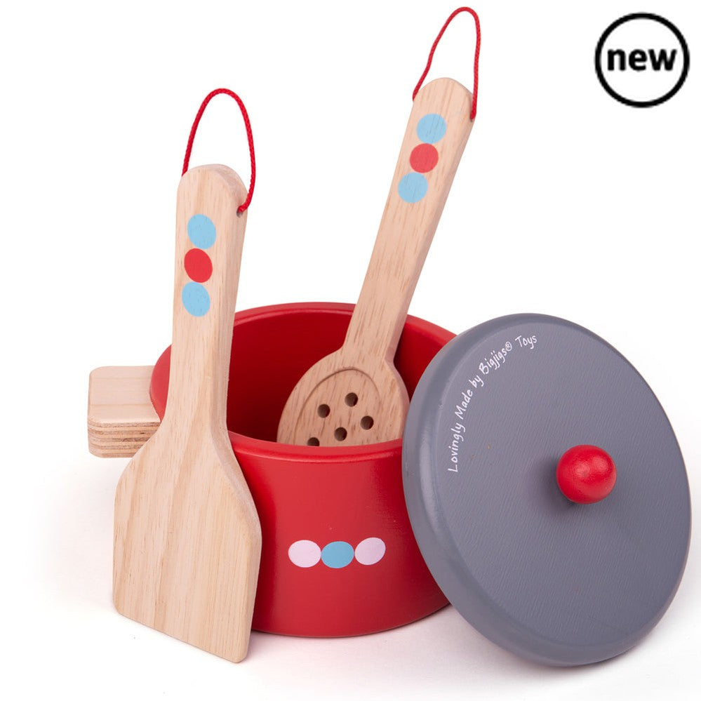 Bigjigs Cooking Pans, Bigjigs Cooking Pans,pretend play kitchen toys,kitchen toys,pretend play household,children's imaginative play ideas, Bigjigs Cooking Pans,Budding young chefs will be able to cook up some hearty meals with these delightful wooden toys. This pretend play set includes a frying pan, two cooking pots and wooden utensils. The perfect addition to any wooden play kitchen. What are you cooking today? Soup? Pasta? YourBudding young chefs will be able to cook up some hearty meals with these deli