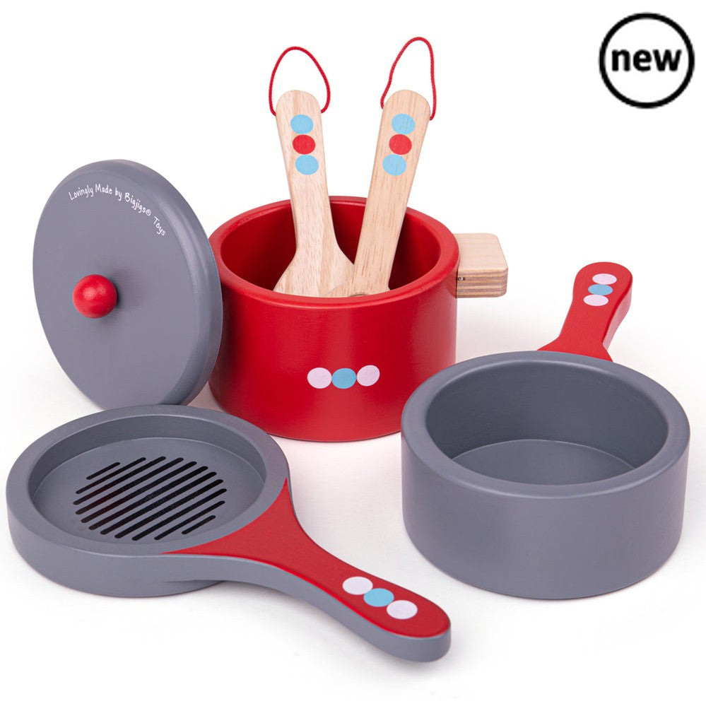 Bigjigs Cooking Pans, Bigjigs Cooking Pans,pretend play kitchen toys,kitchen toys,pretend play household,children's imaginative play ideas, Bigjigs Cooking Pans,Budding young chefs will be able to cook up some hearty meals with these delightful wooden toys. This pretend play set includes a frying pan, two cooking pots and wooden utensils. The perfect addition to any wooden play kitchen. What are you cooking today? Soup? Pasta? YourBudding young chefs will be able to cook up some hearty meals with these deli