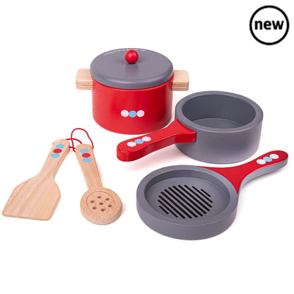 Bigjigs Cooking Pans, Bigjigs Cooking Pans,pretend play kitchen toys,kitchen toys,pretend play household,children's imaginative play ideas, Bigjigs Cooking Pans,Budding young chefs will be able to cook up some hearty meals with these delightful wooden toys. This pretend play set includes a frying pan, two cooking pots and wooden utensils. The perfect addition to any wooden play kitchen. What are you cooking today? Soup? Pasta? YourBudding young chefs will be able to cook up some hearty meals with these deli