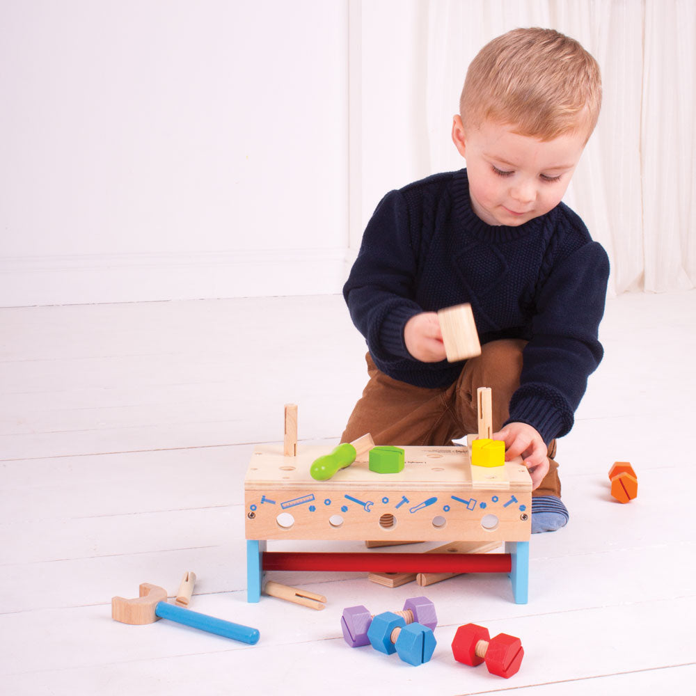 Bigjigs My Workbench, Bigjigs My Workbench,Wooden work man toys,Workbench toys,Construction themed toys, Bigjigs My Workbench,This cleverly designed wooden Carpenters Kids Workbench includes a wooden spanner, file and hammer and lots of wooden nuts and bolts. When it's time to pack up, everything can be stored away neatly by turning the kids workbench upside down and placing all of the items inside. Includes a built in carry handle, so this w,Bigjigs My WorkbenchThis cleverly designed wooden Carpenters Kids