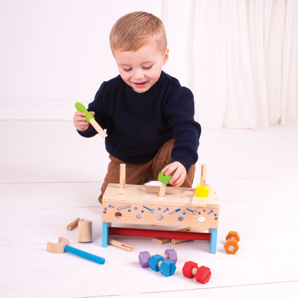 Bigjigs My Workbench, Bigjigs My Workbench,Wooden work man toys,Workbench toys,Construction themed toys, Bigjigs My Workbench,This cleverly designed wooden Carpenters Kids Workbench includes a wooden spanner, file and hammer and lots of wooden nuts and bolts. When it's time to pack up, everything can be stored away neatly by turning the kids workbench upside down and placing all of the items inside. Includes a built in carry handle, so this w,BigjigsThis cleverly designed wooden Carpenters Kids Workbench in