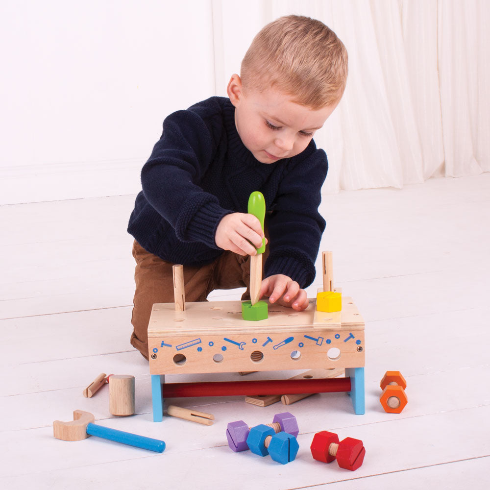 Bigjigs My Workbench, Bigjigs My Workbench,Wooden work man toys,Workbench toys,Construction themed toys, Bigjigs My Workbench,This cleverly designed wooden Carpenters Kids Workbench includes a wooden spanner, file and hammer and lots of wooden nuts and bolts. When it's time to pack up, everything can be stored away neatly by turning the kids workbench upside down and placing all of the items inside. Includes a built in carry handle, so this w,Bigjigs My WorkbenchThis cleverly designed wooden Carpenters Kids