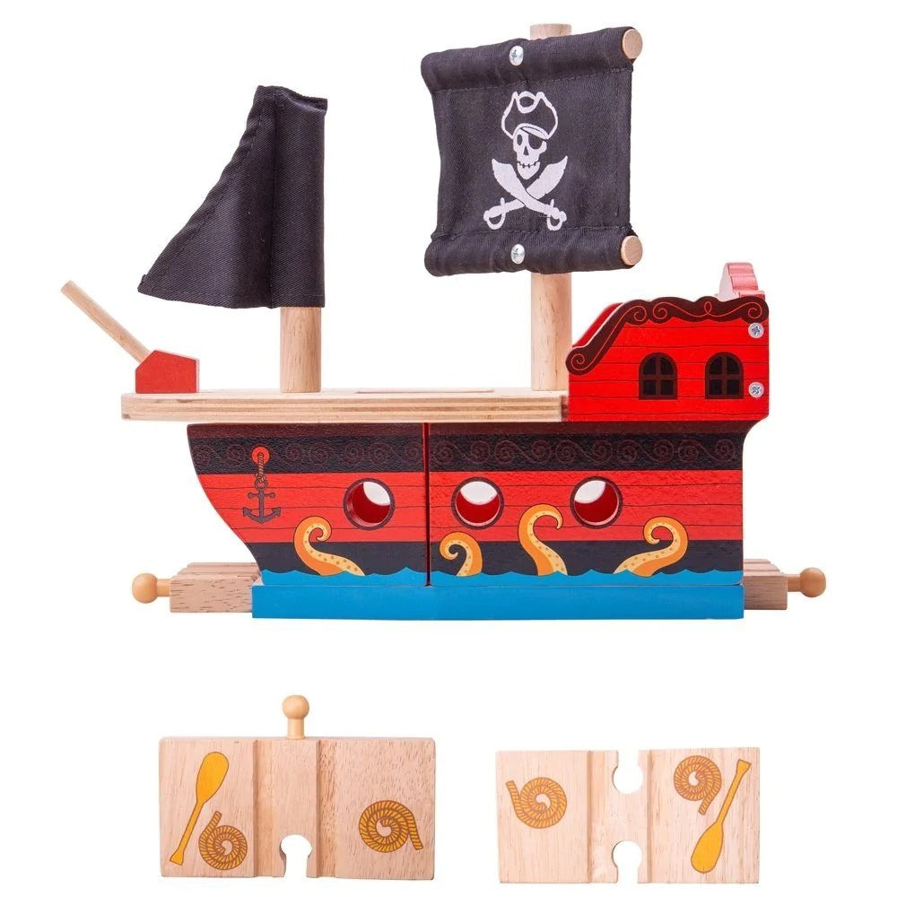 Bigjigs Pirate Galleon, Bigjigs Pirate Galleon,Bigjigs rail,Bigjigs rail toys,bigjigs railway toys,bigjigs wooden railway track set,Pretend play toys, Bigjigs Pirate Galleon,This wooden Pirate Galleon makes an exciting addition to a track layout. Your little one can watch the train steam through the lower deck through the portholes and viewing hole and then close up the elasticated track pieces on either end when it comes time to set sail in the octopus infested waters! EncouragesThis wooden Pirate Galleon 