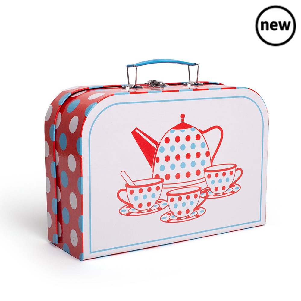 Bigjigs Spotted Tea Set in a Case, Bigjigs Spotted Tea Set in a Case,pretend play kitchen toys,kitchen toys,pretend play household,children's imaginative play ideas, Bigjigs Spotted Tea Set in a Case,This delightful Spotted Kids Tin Tea Set is brightly coloured and supplied complete with a handy carry case for afternoon tea on the go. Includes four cups and saucers, a teapot with a removable lid, tray, and four side plates. Plus a tablecloth, a set of ginghamThis delightful Spotted Kids Tin Tea Set is brigh