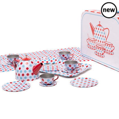 Bigjigs Spotted Tea Set in a Case, Bigjigs Spotted Tea Set in a Case,pretend play kitchen toys,kitchen toys,pretend play household,children's imaginative play ideas, Bigjigs Spotted Tea Set in a Case,This delightful Spotted Kids Tin Tea Set is brightly coloured and supplied complete with a handy carry case for afternoon tea on the go. Includes four cups and saucers, a teapot with a removable lid, tray, and four side plates. Plus a tablecloth, a set of ginghamThis delightful Spotted Kids Tin Tea Set is brigh