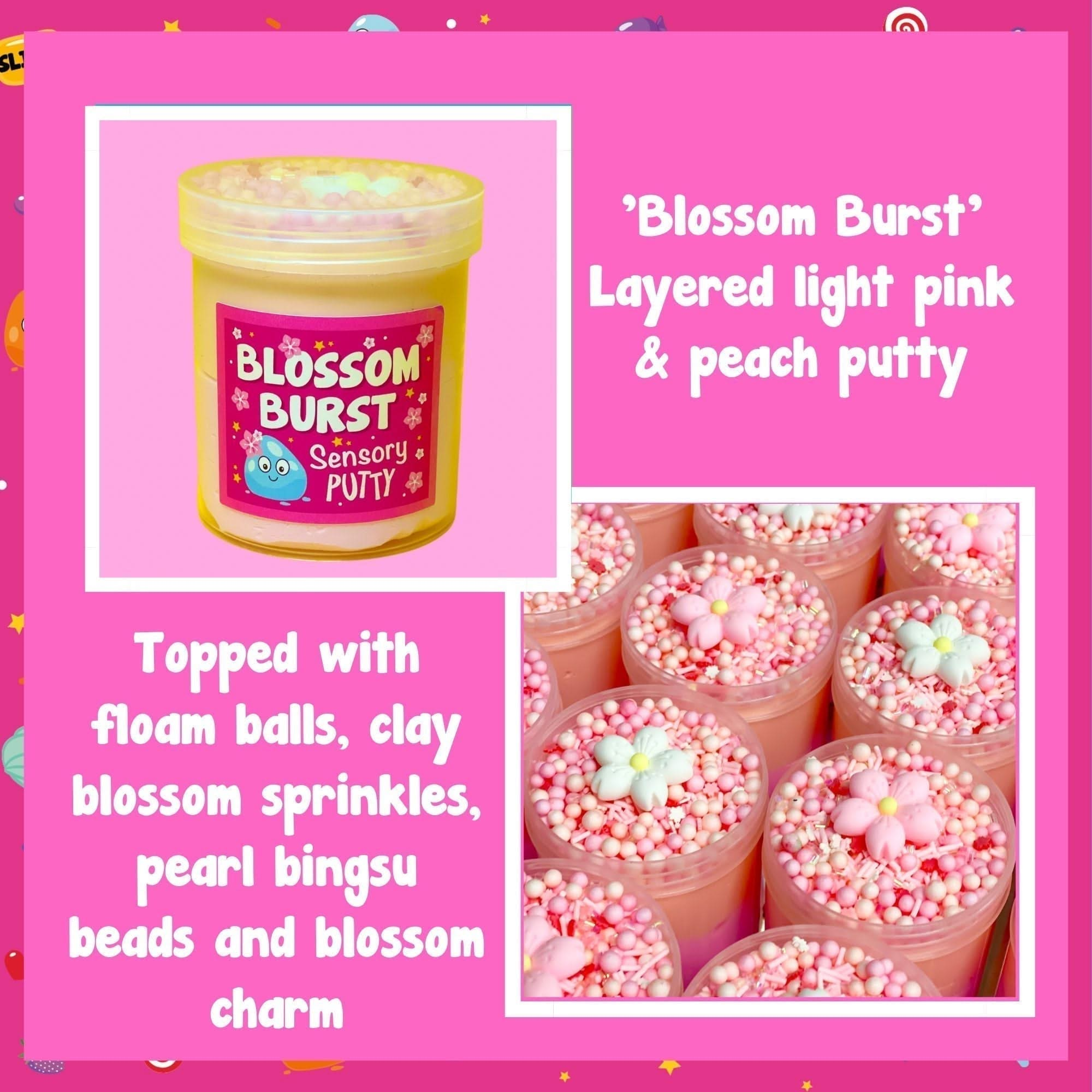 Blossom Burst Putty, Blossom Burst Putty,slimepartyuk, Slime party,Blossom burst sensory putty, Blossom Burst Putty,Our Blossom Burst putty consists of a stunning combination of floral goodness. The duo of pastel pink and peach coloured putty is topped with matching pink and peach floam beads, shimmering pearl bingsu beads, beautiful blossom sprinkles and an adorable blossom charm, accompanied by a gentle cherry scent too! Putties a,BlossomOur Blossom Burst putty consists of a stunning combination of floral