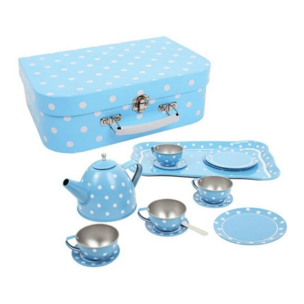 Blue Polka Dot Tin Tea Set, Blue Polka Dot Tin Tea Set, Bigjigs Blue Polka Dot Kids Tea Set, Role play tea set,tin tea play set, Blue Polka Dot Tin Tea Set,This stylish Blue Polka Dot Kids Tea Set includes four tin cups and saucers, a teapot and spoons all presented on a matching serving tray. It has everything little hosts and hostesses need to serve up delcious tea. This tea set is made from robust tin and has a polka dot design. Children's tea sets are a fun way ofThis stylish Blue Polka Dot Kids Tea Set