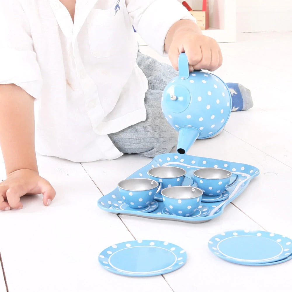 Blue Polka Dot Tin Tea Set, Blue Polka Dot Tin Tea Set, Bigjigs Blue Polka Dot Kids Tea Set, Role play tea set,tin tea play set, Blue Polka Dot Tin Tea Set,This stylish Blue Polka Dot Kids Tea Set includes four tin cups and saucers, a teapot and spoons all presented on a matching serving tray. It has everything little hosts and hostesses need to serve up delcious tea. This tea set is made from robust tin and has a polka dot design. Children's tea sets are a fun way ofThis stylish Blue Polka Dot Kids Tea Set