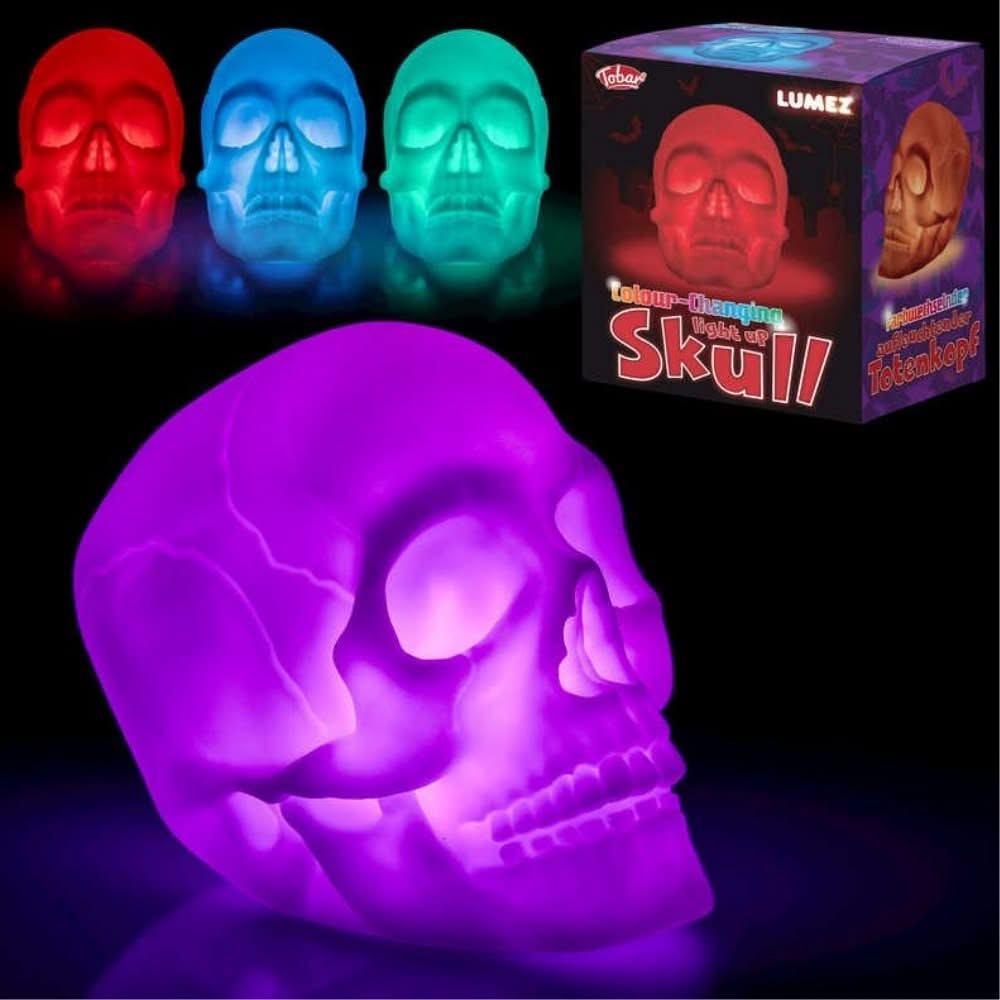 Colour Change Skull Light, Colour Change Skull Light,Novelty lighting, light up toys,hand held flashing wands,novelty flashing wands, Colour Change Skull Light,Colourful lighting with a gothic twist, this Colour Change Skull Light adds a touch of drama to your space! Battery operated, this mini mood lamp is just the right size for desk tops providing a welcome distraction from screens, it's gently scrolling colours giving a relaxing back drop to your work, or it can beColourful lighting with a gothic twist,