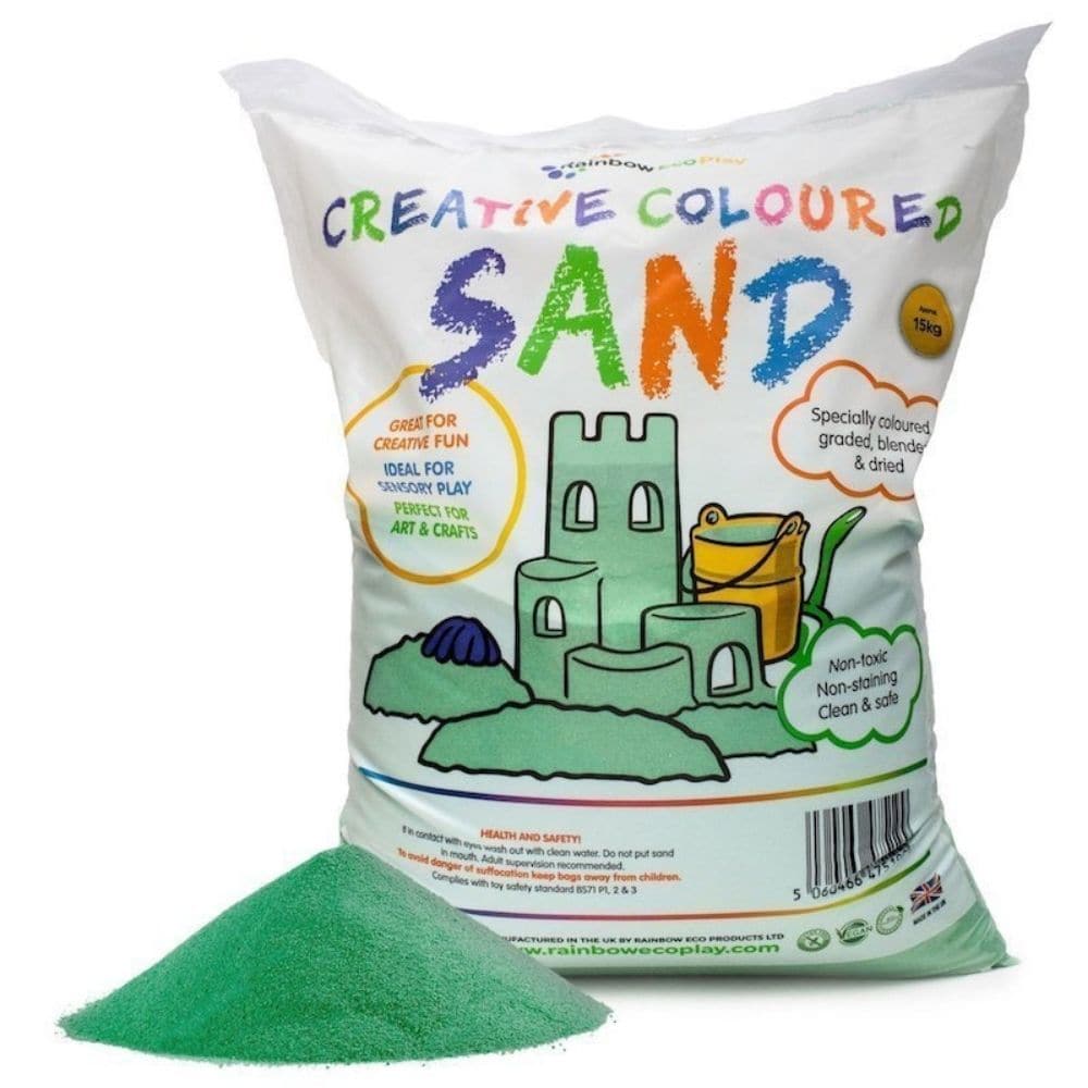 Coloured Sand Green 15kg Bag, Coloured Sand Green 15kg Bag,Rainbow Eco play sand, Rainbowecoplay ,sensory sand,play sand,coloured play sand, Children's play sand, Coloured Sand Green 15kg Bag,The Coloured Sand Green 15kg Bag is good quality coloured sand that is clean, safe and fun which is ideal for your sand pit or to use in other play activities. Our Coloured Sand 15kg bag has various different colours to choose from. Green sand for the hills, blue for the sea; the possibilities for open ended play areCo