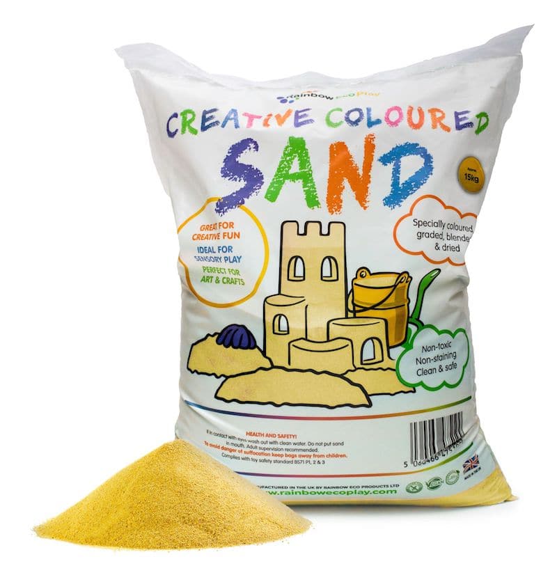 Coloured Sand Yellow 15kg Bag, Coloured Sand Yellow 15kg Bag,Yellow Play Sand. Coloured Play Sand,Children's play sand,play sand,rainbow eco play sand, Coloured Sand Yellow 15kg Bag,The Coloured Sand Yellow 15kg Bag is good quality coloured sand that is clean, safe and fun which is ideal for your sand pit or to use in other play activities. Our Coloured Sand has various different colours to choose from. Green sand for the hills, blue for the sea; the possibilities for open ended play areColoured Sand Yellow