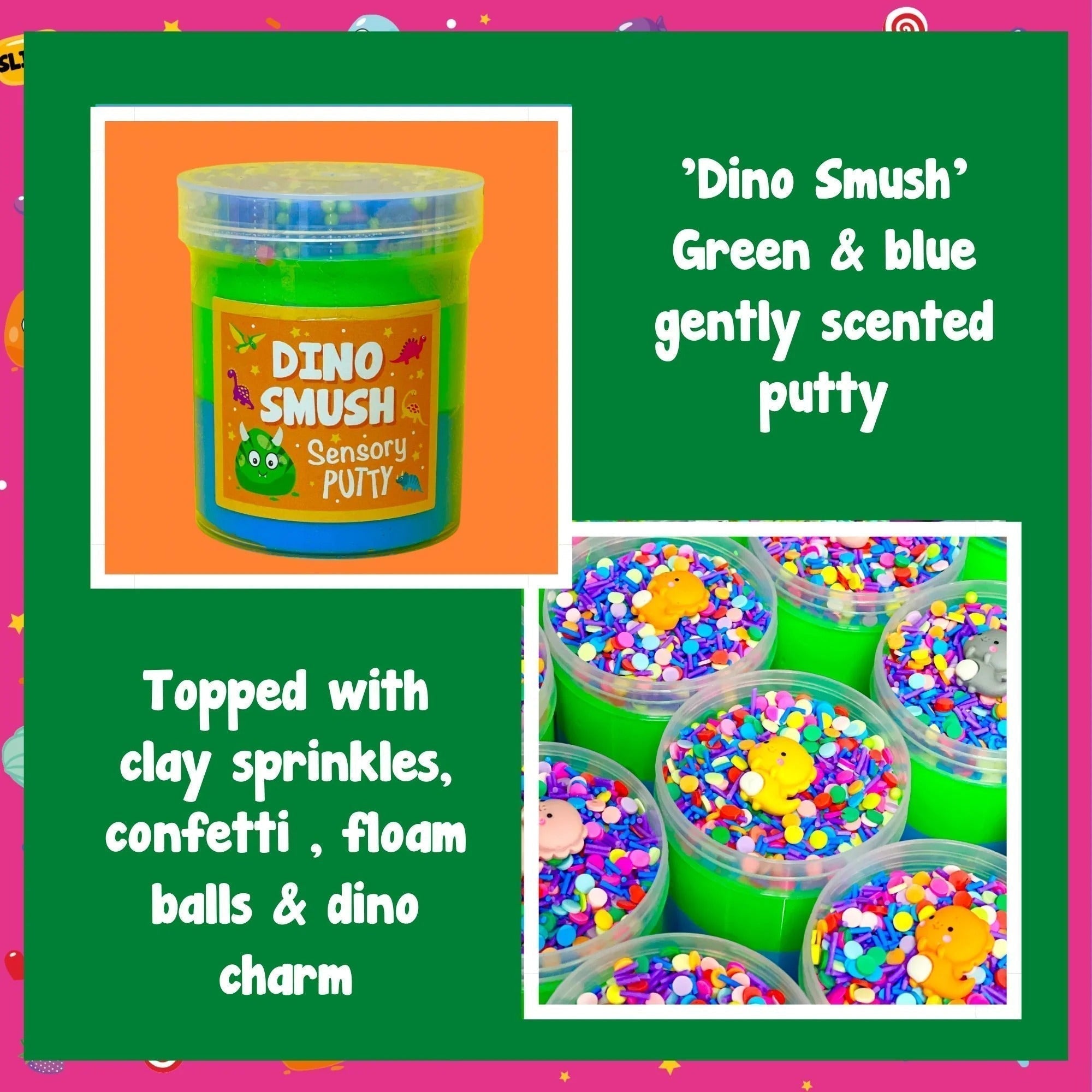 Dino Smush Putty, Dino Smush Putty,Putty,Sensory Putty,slimepartyuk, Slime party,Blossom burst sensory putty, Dino Smush Putty,Our Dino Smush putty is absolutely roar-some! A duo of vibrant blue and green putty, topped with rainbow sprinkles, green and blue floam beads and an adorable dinosaur charm for all the prehistoric fun you could ever need! Putties are air reactive and will dry out of left out. Always return to the container after play ,Dino Smush PuttyOur Dino Smush putty is absolutely roar-some! A 