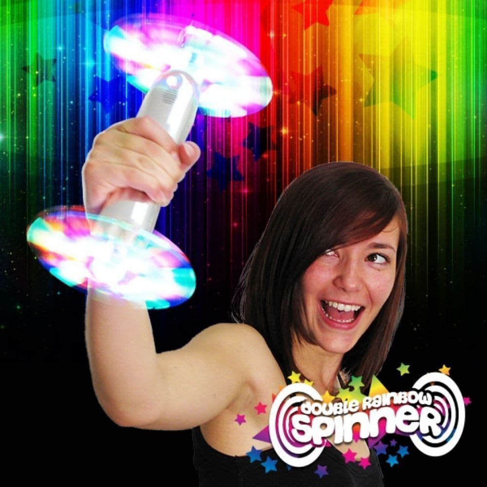 Double Rainbow Spinner, Double Rainbow Spinner,flashing novelty wands,flashing novelties,flashing spinning wand,flashing led spinner wand, Double Rainbow Spinner,Double Rainbow Spinner Bring double the dazzle to any sensory space with the Double Rainbow Spinner, a vibrant and mesmerising toy designed to captivate and delight! Featuring two spinning rainbow lights at each end of a sleek chrome-effect handle, this eye-catching spinner creates a stunning, pattern-changing display ,Double Rainbow SpinnerDouble 