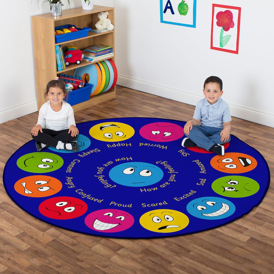 Emotions Interactive Circular Carpet, Emotions Interactive Circular Carpet,School furnishings,school equipment,school rugs,story corner,children's story corner, Emotions Interactive Circular Carpet,This highly visual Emotions Interactive Circular Carpet measures 2 x 2m and has 12 different emotions and feelings with keywords to encourage group discussion. Children can choose an expression to sit on during reading and group lessons. The Emotions Interactive Circular Carpet features: Distinctive and brightly 