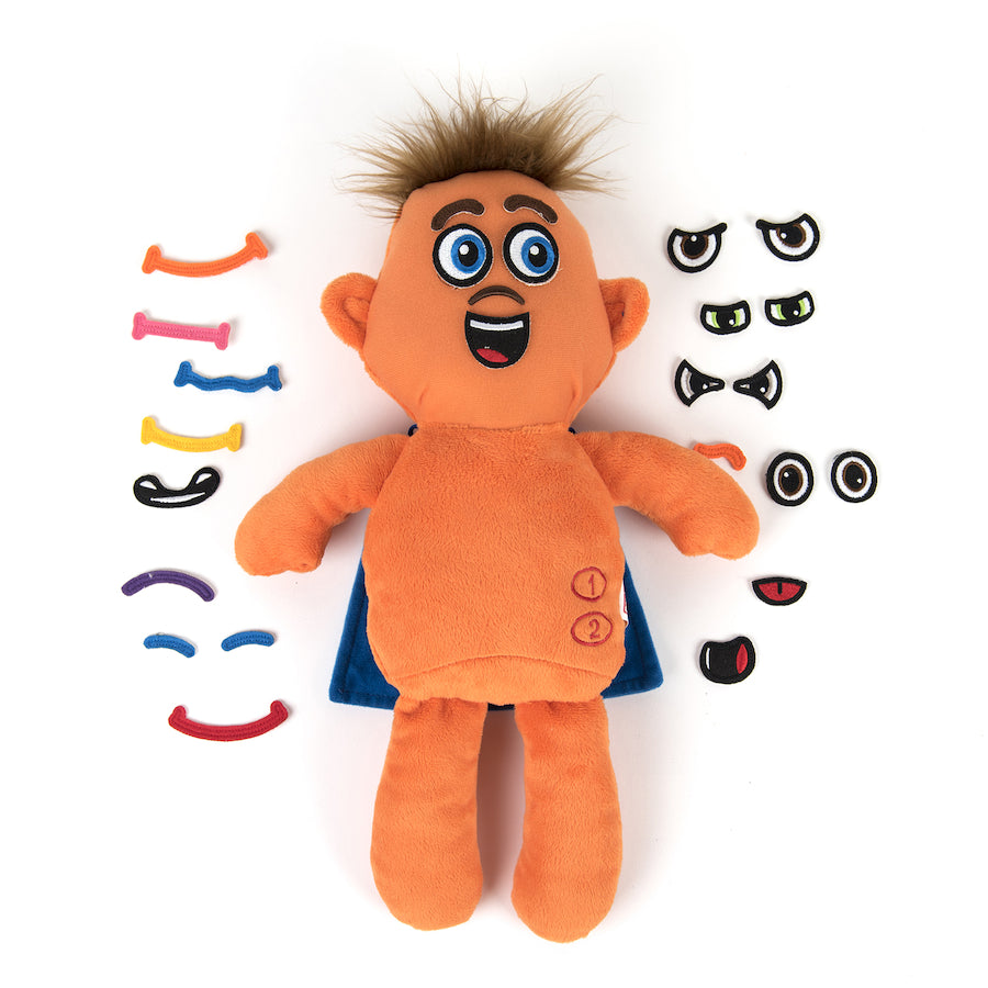 Explore Emotions Super Doll, Explore Emotions Super Doll,emotions dolls,emotions resources,special needs emotions tools,emotions aids,special needs emotion games,learning resources, Explore Emotions Super Doll,Encourage discussions about feelings with this cuddly Explore Emotions Super Doll. Use the Velcro TM facial features to create 16 emotions on the doll's face. This Explore Emotions Super Doll is an emotional superhero! Store the unused features on his cape. Press one button to hear a range of 16 sound