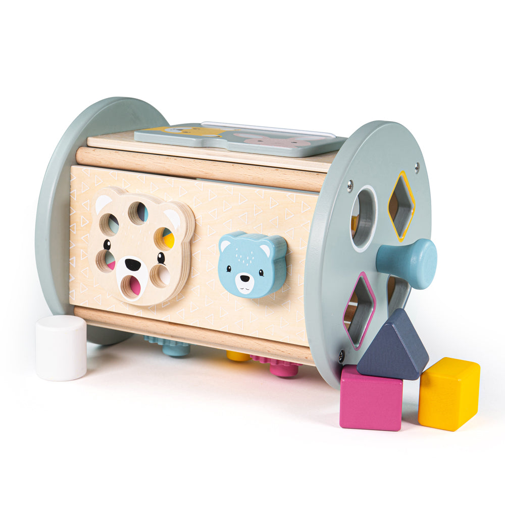 FSC 100% Rolling Activity Sorter, FSC 100% Rolling Activity Sorter,FSC 100% Rolling Activity Sorter,Wooden shape sorter,wooden toys,bigjigs wooden toys, FSC 100% Rolling Activity Sorter,Little ones will be captivated by our FSC 100% Rolling Activity Sorter. The FSC 100% Rolling Activity Sorter has four sides packed with activities including a wooden shape sorter, wooden flip book, wooden cogs and more. Its rolling nature makes it a fun task for toddlers to push along the ground as they toddle along. L,FSC 1