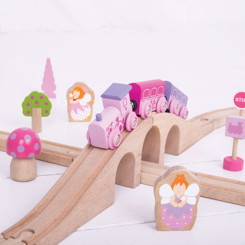 Fairy Figure of Eight, Fairy Figure of Eight,Bigjigs Wooden Train Set,Wooden train set,childrens wooden train set,toddlers train set,Bigjigs approved retailer, Fairy Figure of Eight,Choo-choo! The Fairy Pink Train Set is ready to depart to a magical fairytale land far, far away. Pinks, pastels and fairy figures feature extensively in this bright and wonderful wooden train set. The Bigjigs Fairy Train Set comes with 35 play pieces to ensure there’s no limit to imaginative play. The cute train engin,FairyChoo