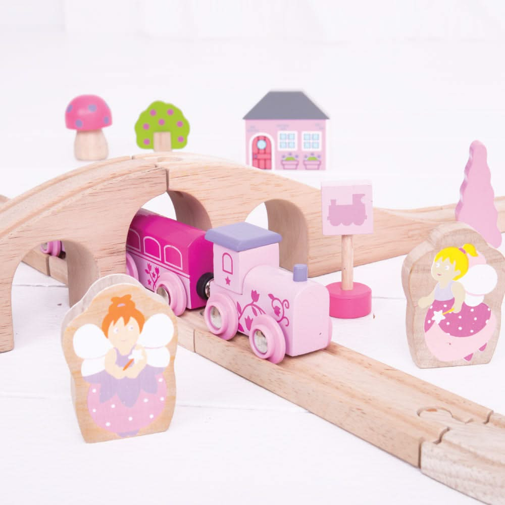 Fairy Figure of Eight, Fairy Figure of Eight,Bigjigs Wooden Train Set,Wooden train set,childrens wooden train set,toddlers train set,Bigjigs approved retailer, Fairy Figure of Eight,Choo-choo! The Fairy Pink Train Set is ready to depart to a magical fairytale land far, far away. Pinks, pastels and fairy figures feature extensively in this bright and wonderful wooden train set. The Bigjigs Fairy Train Set comes with 35 play pieces to ensure there’s no limit to imaginative play. The cute train engin,FairyChoo