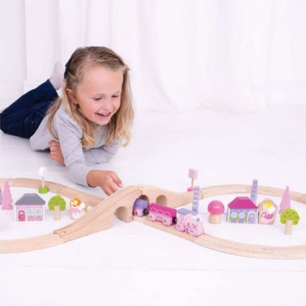 Fairy Figure of Eight, Fairy Figure of Eight,Bigjigs Wooden Train Set,Wooden train set,childrens wooden train set,toddlers train set,Bigjigs approved retailer, Fairy Figure of Eight,Choo-choo! The Fairy Pink Train Set is ready to depart to a magical fairytale land far, far away. Pinks, pastels and fairy figures feature extensively in this bright and wonderful wooden train set. The Bigjigs Fairy Train Set comes with 35 play pieces to ensure there’s no limit to imaginative play. The cute train engin,FairyChoo