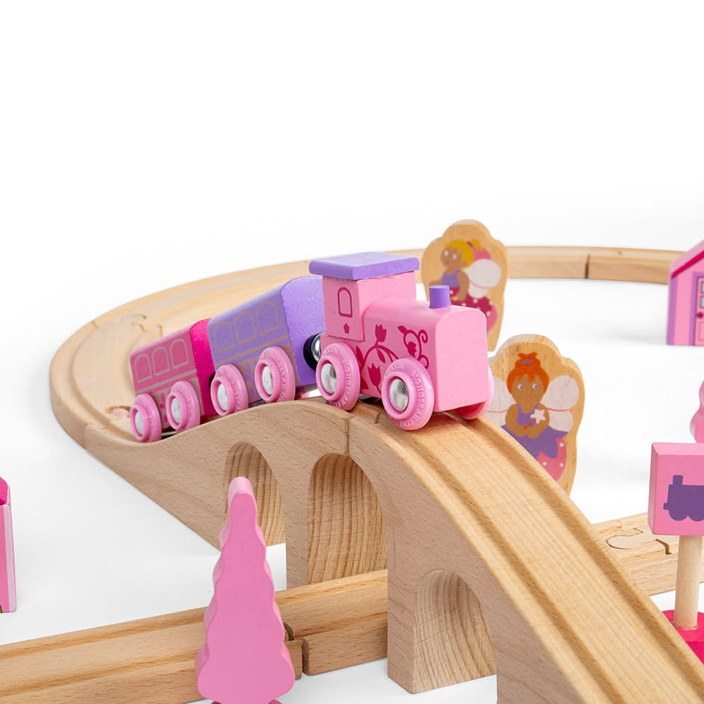 Fairy Figure of Eight, Fairy Figure of Eight,Bigjigs Wooden Train Set,Wooden train set,childrens wooden train set,toddlers train set,Bigjigs approved retailer, Fairy Figure of Eight,Choo-choo! The Fairy Pink Train Set is ready to depart to a magical fairytale land far, far away. Pinks, pastels and fairy figures feature extensively in this bright and wonderful wooden train set. The Bigjigs Fairy Train Set comes with 35 play pieces to ensure there’s no limit to imaginative play. The cute train engin,FairyChoo