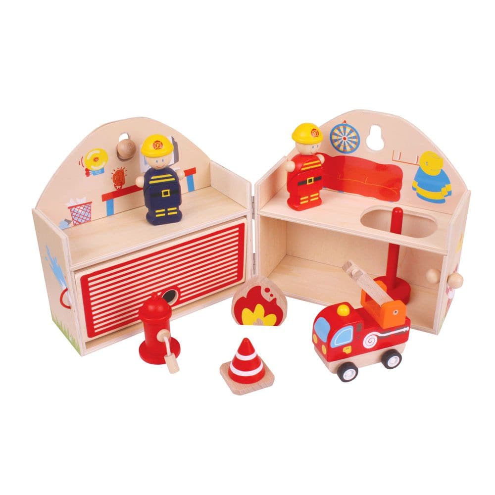 Fire Station Playset, Fire Station Playset,Fire Station Set,Wooden fire station set,imaginative play fire station toys,childrens fire station set,tidlo fire station, Fire Station Playset,This brightly coloured wooden Mini Fire Station Playset is decorated inside and outside with features and is supplied complete with a fire engine, safety cone, fire, fire hydrant, firefighter's pole and two firefighters! The wooden handle and secure clasp ensure that this Playset is always ready to travel with your lit,Fire