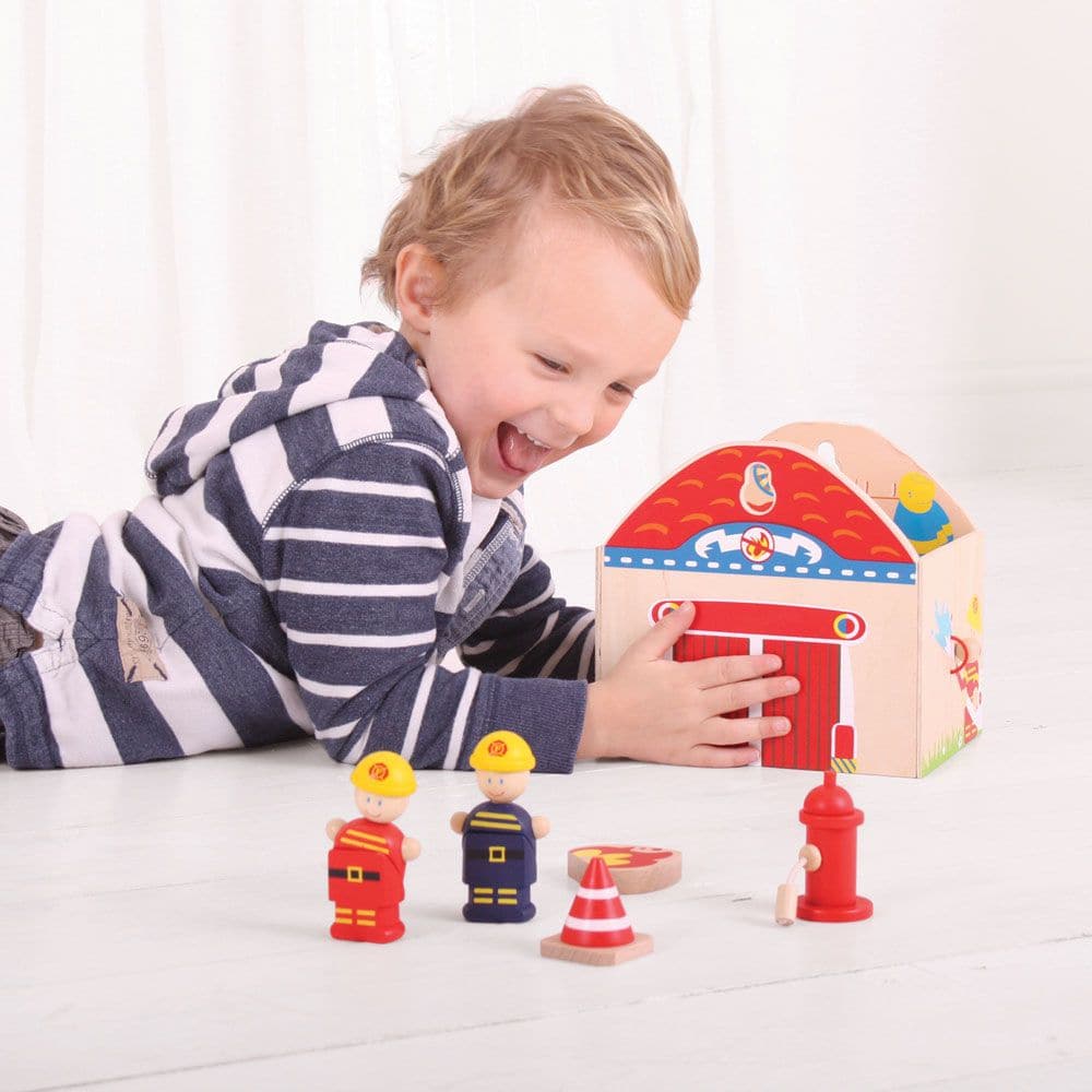 Fire Station Playset, Fire Station Playset,Fire Station Set,Wooden fire station set,imaginative play fire station toys,childrens fire station set,tidlo fire station, Fire Station Playset,This brightly coloured wooden Mini Fire Station Playset is decorated inside and outside with features and is supplied complete with a fire engine, safety cone, fire, fire hydrant, firefighter's pole and two firefighters! The wooden handle and secure clasp ensure that this Playset is always ready to travel with your lit,Fire