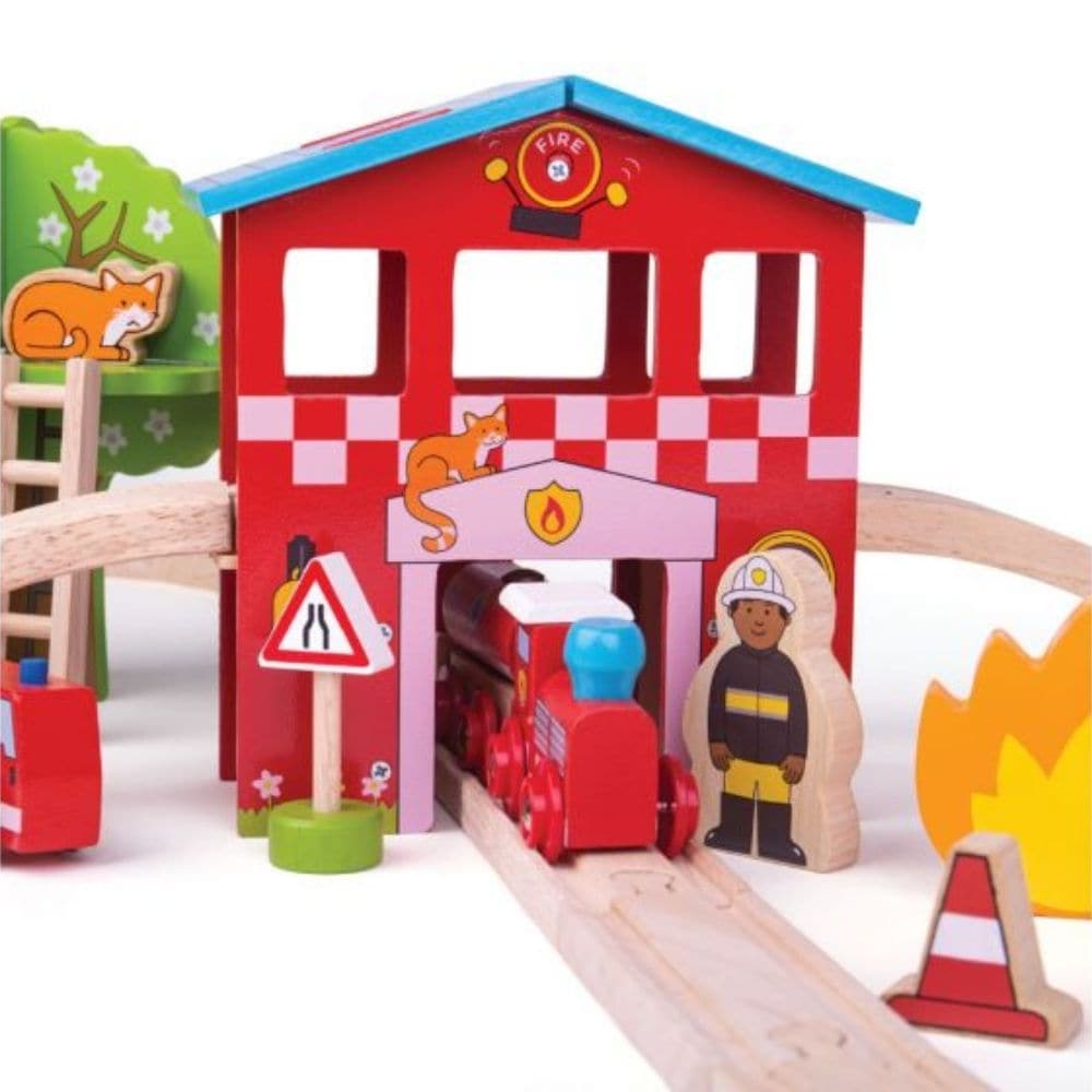 Fire Station Train Set, Fire Station Train Set,Bigjigs Wooden Train Set,Wooden train set,childrens wooden train set,toddlers train set,Bigjigs approved retailer, Fire Station Train Set,Race to the rescue with the Fire and Rescue Train Set! Whether your little one is fighting fire or rescuing the cat stuck in the tree, they can race to the emergency using the fire rescue train and carriages with removable loads. Speed through the fire station tunnel, past the road signs and straight to the emergency w,FireRa