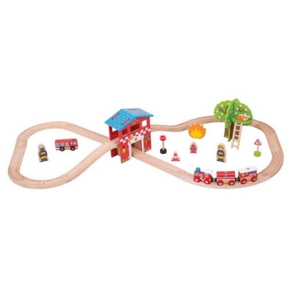 Fire Station Train Set, Fire Station Train Set,Bigjigs Wooden Train Set,Wooden train set,childrens wooden train set,toddlers train set,Bigjigs approved retailer, Fire Station Train Set,Race to the rescue with the Fire and Rescue Train Set! Whether your little one is fighting fire or rescuing the cat stuck in the tree, they can race to the emergency using the fire rescue train and carriages with removable loads. Speed through the fire station tunnel, past the road signs and straight to the emergency w,FireRa