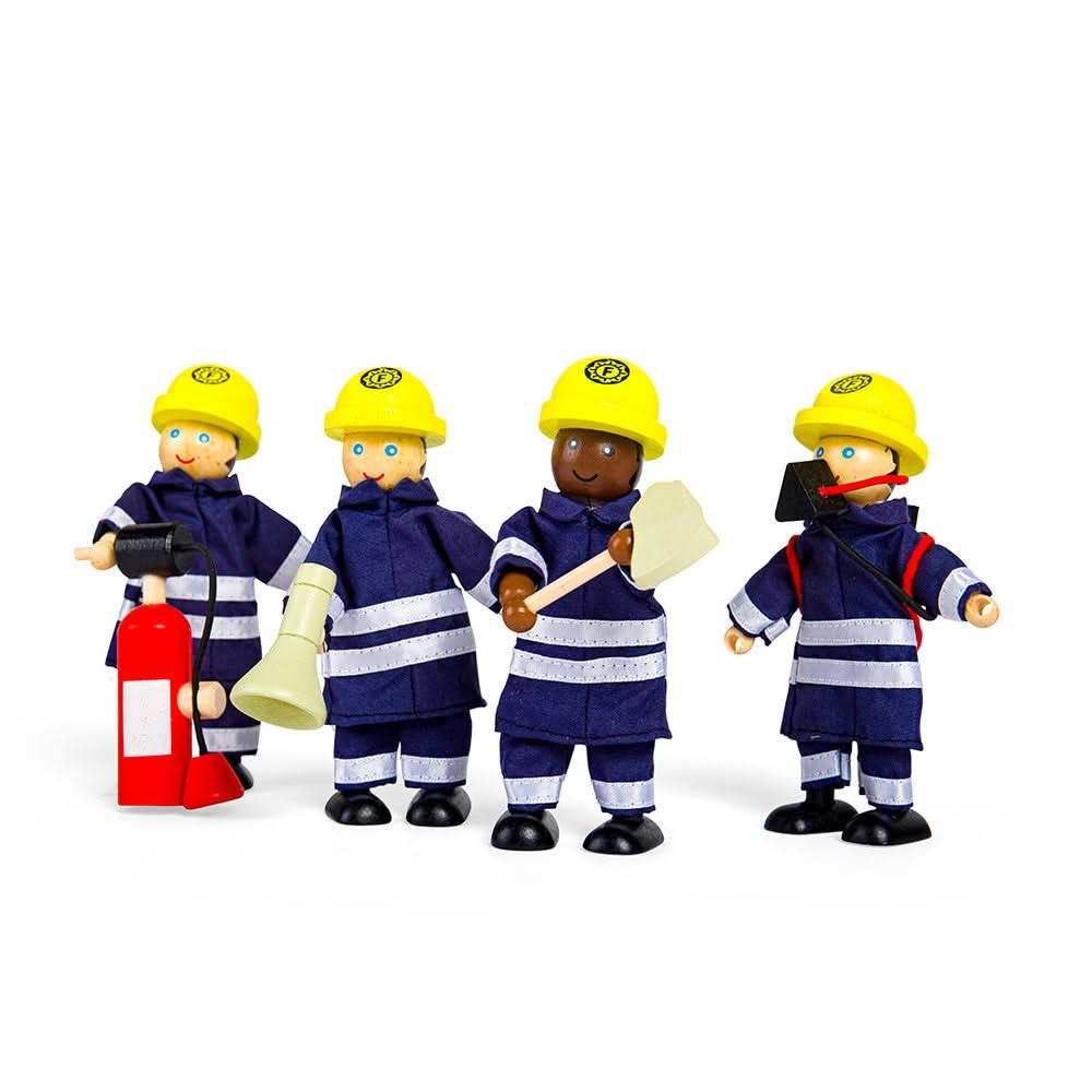 Firefighters Set, Firefighters Set,Small world play,Fire Man Figures,Firefighter figures,Tidlo Firefighter set,Pretend play fire man, Firefighters Set,Set of four firefighter toys ready to race to the rescue, put out fires, rescue cats out of trees and whatever else the imagination allows! All happy and ready to work, the Tidlo firefighters are dressed ready for a day of fire fighting. With flexible, poseable arms and legs, each of the wooden dolls can stand or sit -,FirefightersSet of four firefighter toys