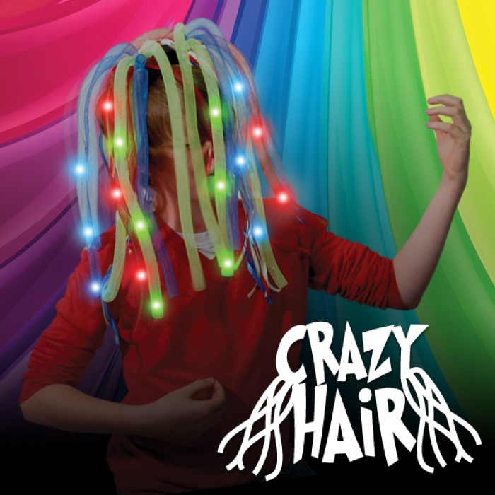 Flashing Crazy Hair, Flashing Crazy Hair,flashing crazy hair,glow,co.uk,flashing novelties,flashing novelty toys,fancy dress light up toys, Flashing Crazy Hair – Light Up the Fun! Prepare to stand out and shine with Flashing Crazy Hair, the ultimate accessory for fun and flair. Featuring two vibrant, flashing dreadlock bunches attached to a flexible headband, this Flashing Crazy Hair is perfect for parties, festivals, or any event you want to dazzle. The integrated bright LEDs twinkle intermittently through