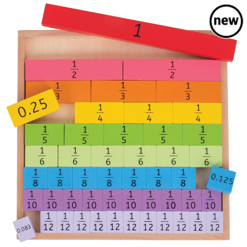 Fractions Tray, Fractions Tray,Number resources, Numeracy resources, Wooden numeracy toys, EYFS numeracy resources, Bigjigs Number Times Table Tray, Fractions Tray,Fractions Tray This fantastically simple educational toy allows children to get hands-on with fractions, offering a visual and tactile way to understand fractions and their relationships. The colour-coded pieces make it easy for little ones to visualise and identify fractions as they line up the tiles in the tray. Desi,Fractions TrayFractions Tra