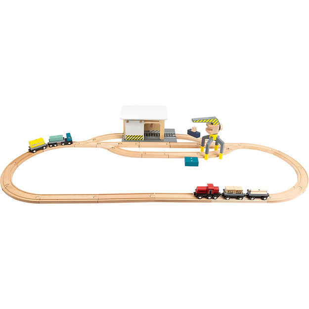 Freight Train Set, Freight Train Set,Bigjigs Freight Train Set,Bigjigs Wooden train set,bigjigs train set,bigjigs toys,Wooden train set,childrens wooden train set,toddlers train set, Freight Train Set,Freight Train Set Little rail enthusiasts will love playing with our extensive wooden Freight Train Set. This set includes a working turntable, two engines—one pulling fruit and vegetable wagons, and the other pulling a variety of industrial wagons. To complete the bustling landscape, the set also features hou