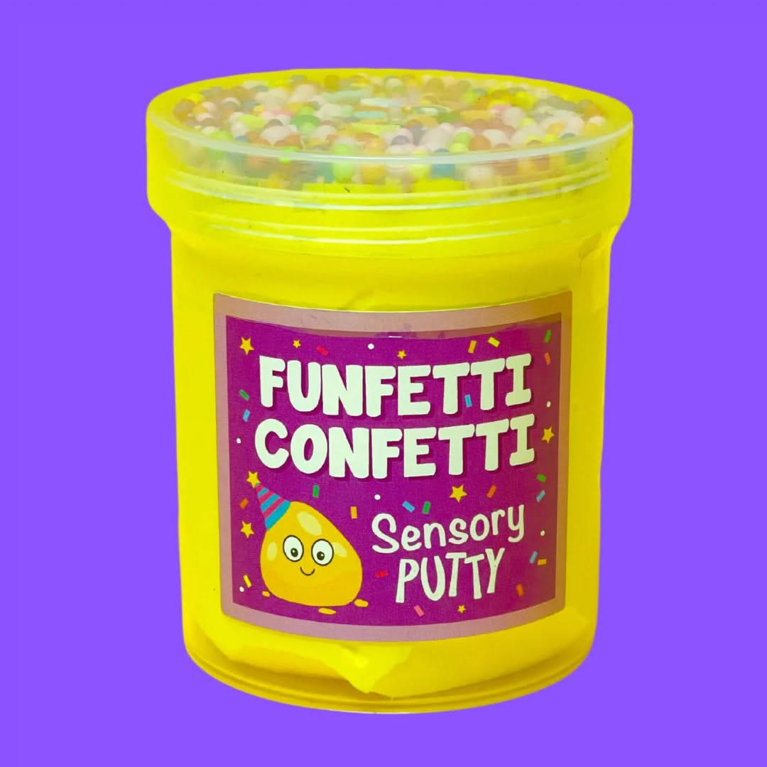 Funfetti Confetti Putty, Funfetti Confetti Putty,Sensory Putty,slimepartyuk, Slime party,sensory putty, Funfetti Confetti Putty,It's time to celebrate with our funfetti confetti putty! Filled to the brim with rainbow sprinkles, floam balls and stars, that mix perfectly with our gentle sweet scent, yellow putty to create a sensory party in a pot! Putties are air reactive and will dry out of left out. Always return to the container after playIt's time to celebrate with our funfetti confetti putty! Filled to t