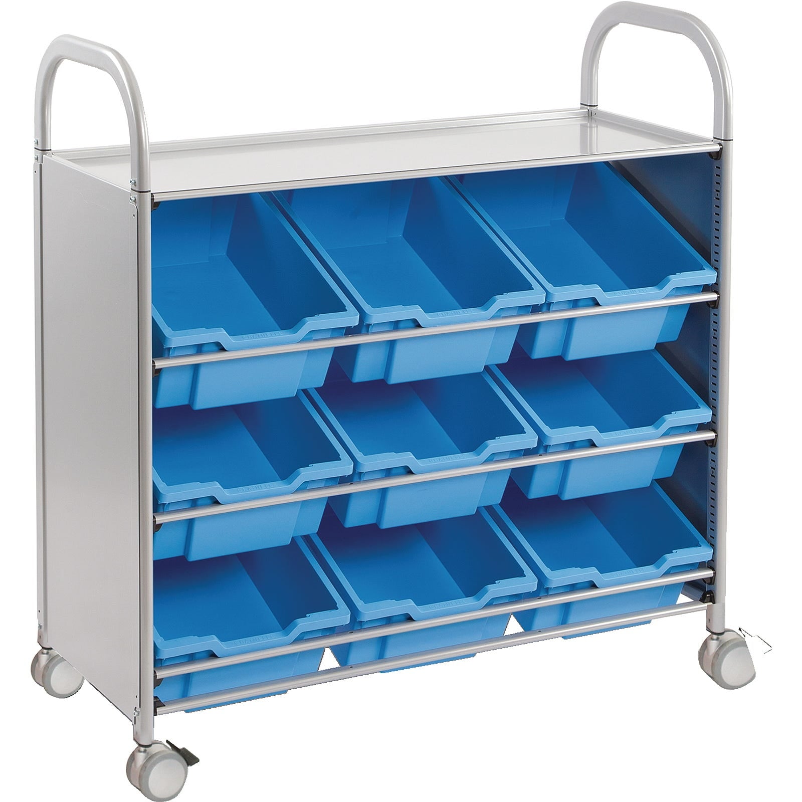 Gratnells Callero Storage 9 Slanted Trays, , Gratnells Callero Storage 9 Slanted Trays,Metal trolley with tilted trays allowing easy viewing of contents. Ideal for easy viewing and access to contents. Choose silver or cyan metal trim and the trolley comes with both feet and castors so you can choose between static and mobile use. Treble width Callero trolley with tilted trays for easy display of contents,GratnellsMetal trolley with tilted trays allowing easy viewing of contents. Ideal for easy viewing and a