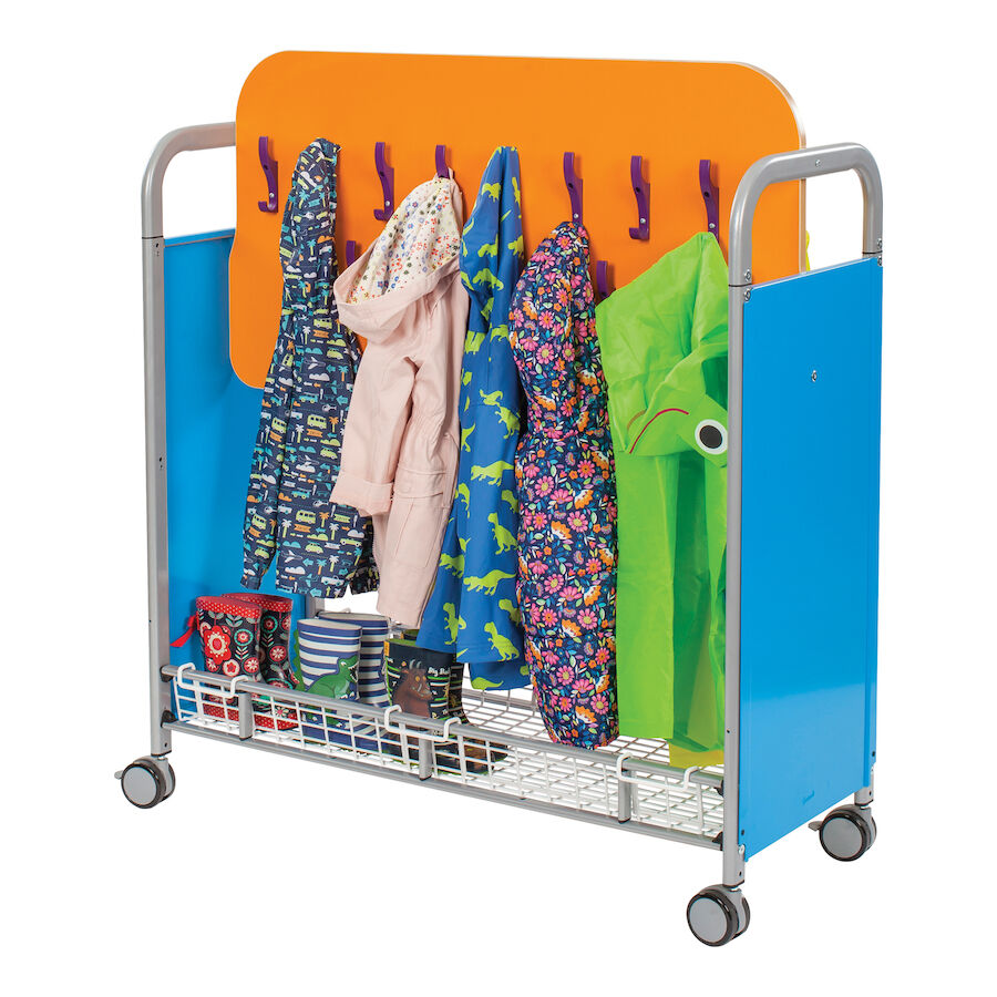 Gratnells Mobile Cloakroom Trolley, Gratnells Mobile Cloakroom Trolley,School cloakroom furniture, school cloakroom storage trolley,cloakroom storage equipment, Gratnells Mobile Cloakroom Trolley,The stylish and robust Gratnells Mobile Cloakroom Trolley features 32 double coat and bag hooks and rugged castors with foot-activated brake mechanism. The Gratnells Mobile Cloakroom Trolley is ideal for hanging your class outdoor coats or art aprons with additional space for bags or shoe-bags. The wire basket in t