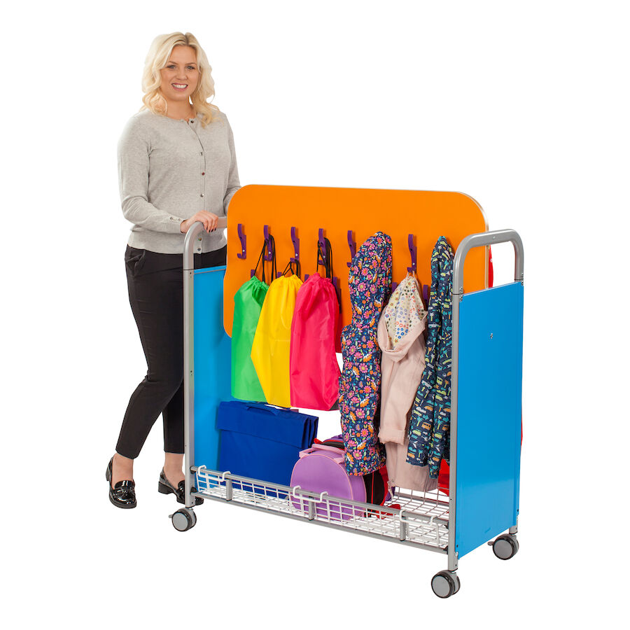 Gratnells Mobile Cloakroom Trolley, Gratnells Mobile Cloakroom Trolley,School cloakroom furniture, school cloakroom storage trolley,cloakroom storage equipment, Gratnells Mobile Cloakroom Trolley,The stylish and robust Gratnells Mobile Cloakroom Trolley features 32 double coat and bag hooks and rugged castors with foot-activated brake mechanism. The Gratnells Mobile Cloakroom Trolley is ideal for hanging your class outdoor coats or art aprons with additional space for bags or shoe-bags. The wire basket in t