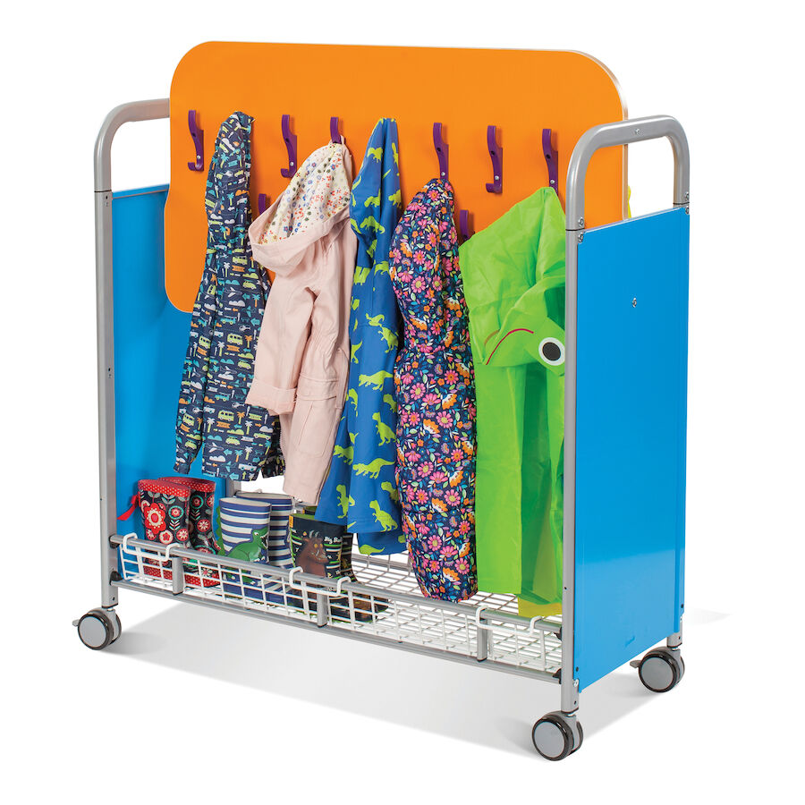 Gratnells Mobile Cloakroom Trolley, Gratnells Mobile Cloakroom Trolley,School cloakroom furniture, school cloakroom storage trolley,cloakroom storage equipment, Gratnells Mobile Cloakroom Trolley,The stylish and robust Gratnells Mobile Cloakroom Trolley features 32 double coat and bag hooks and rugged castors with foot-activated brake mechanism. The Gratnells Mobile Cloakroom Trolley is ideal for hanging your class outdoor coats or art aprons with additional space for bags or shoe-bags. The wire basket in t